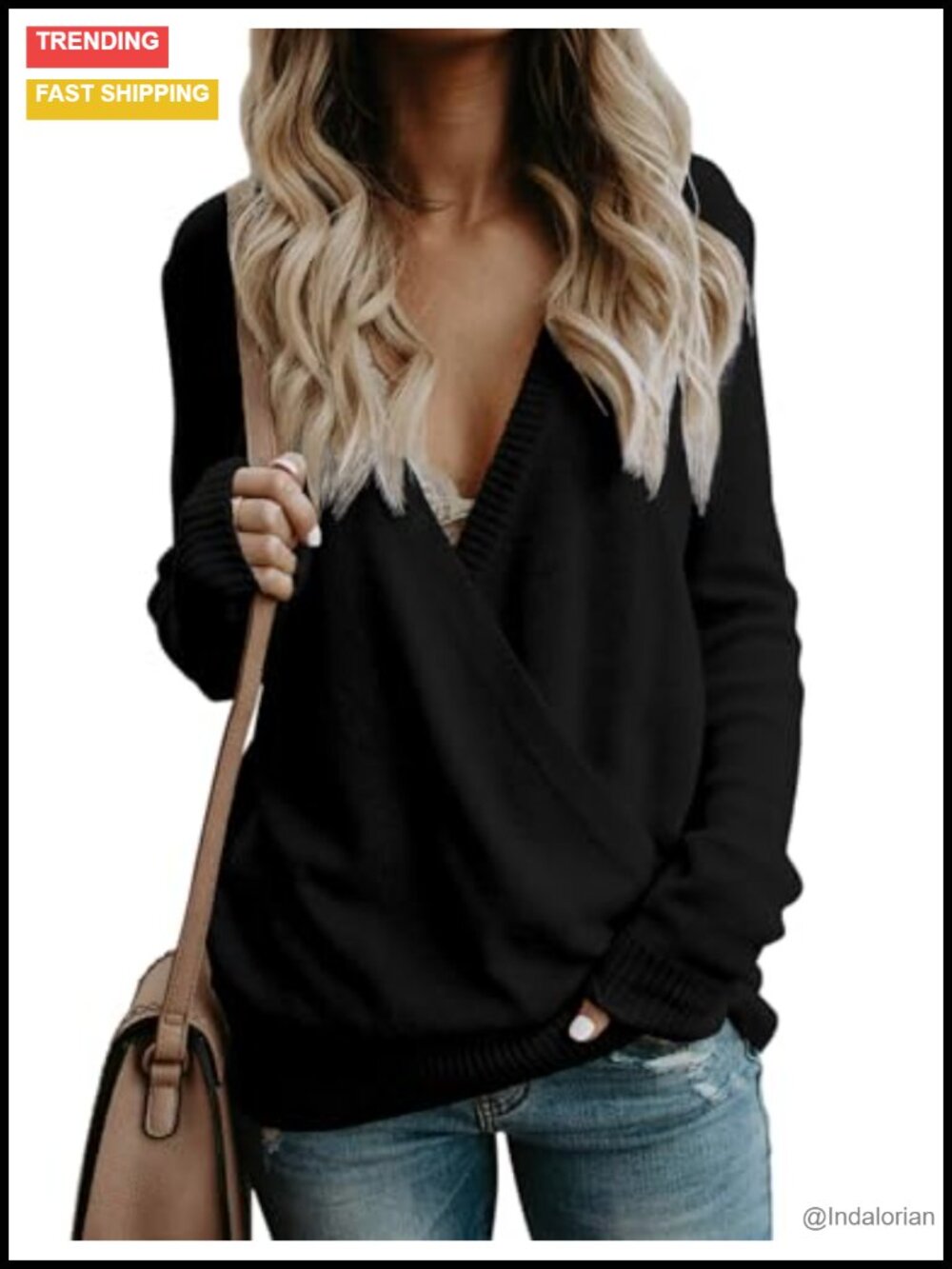 Deep V-Neck Wrap Sweater Long Sleeve Ribbed Knit Pullover Loose Fit